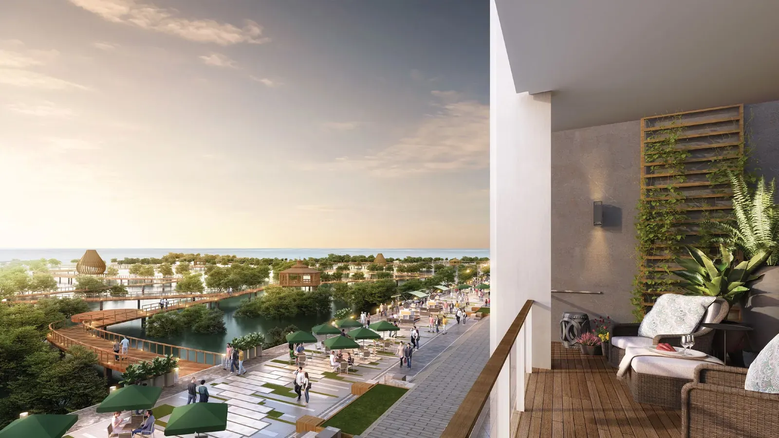 Ilustrasi balkon menghadap danau di Pasir Putih Residences